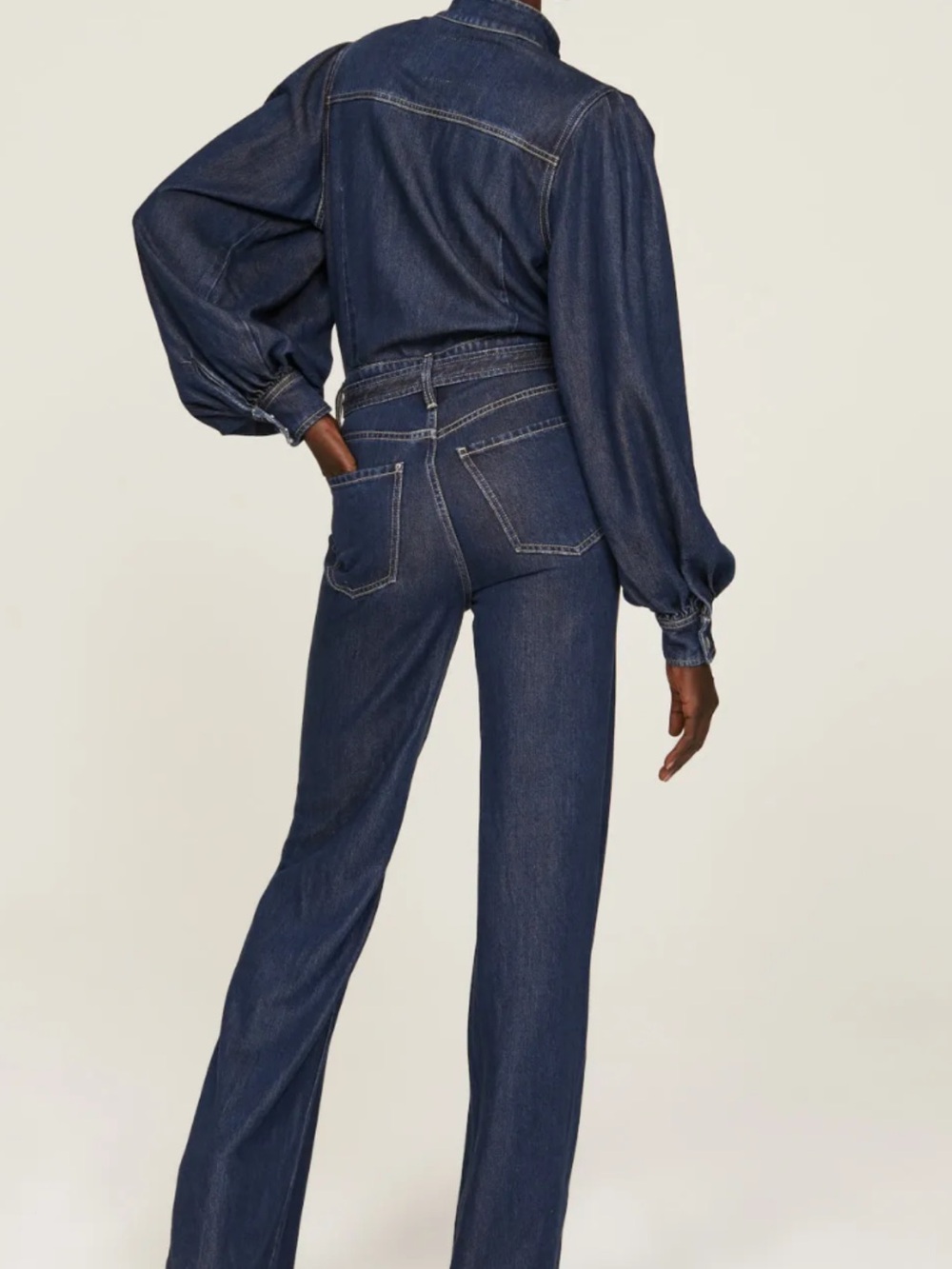 7 For All Mankind Indigo Denim Long-Sleeve Wide-Leg Jumpsuit with Tie Waist - Picture 2 of 8